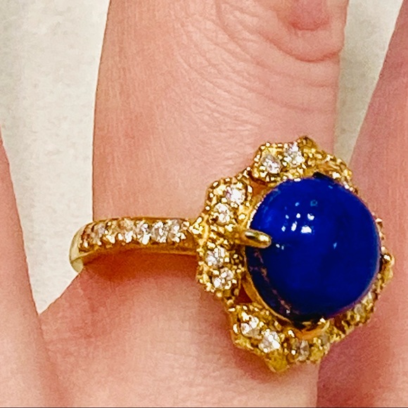Cocktail Ring Size 6 Lapis Lazuli Cabochon & Diamonds - Picture 5 of 15